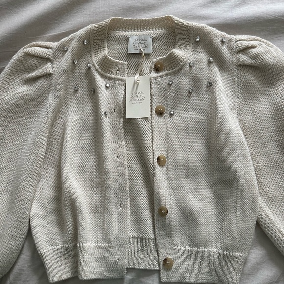 NWT Loeffler Randall Cream Kim Embellished Puff Sleeve Cardigan Sweater Size S - Picture 4 of 10